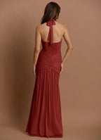 Radiant Mermaid Plunge Neck Halter Tie Ruched Accent Open Back Floor Length For Ladies Prom Dress