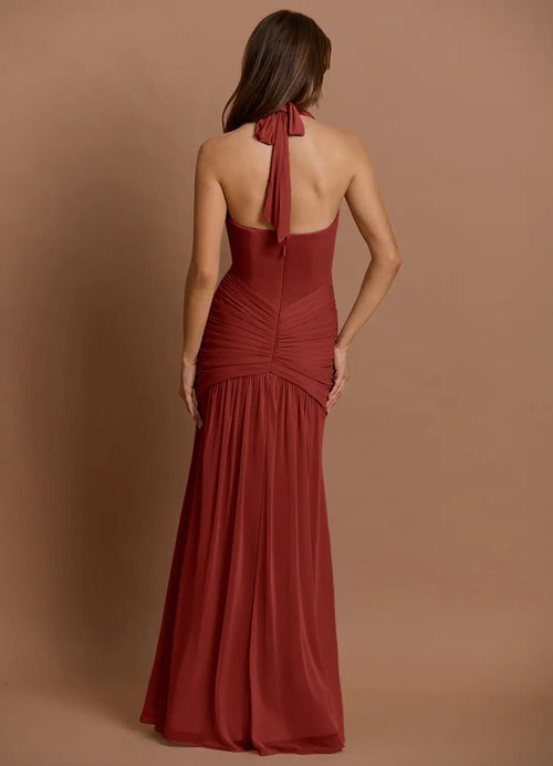 Robe de bal sirène longue pour femmes, décolleté plongeant, dos nu, licou à nouer, froncée