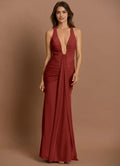 Radiant Mermaid Plunge Neck Halter Tie Ruched Accent Open Back Floor Length For Ladies Prom Dress