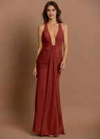 Radiant Mermaid Plunge Neck Halter Tie Ruched Accent Open Back Floor Length For Ladies Prom Dress