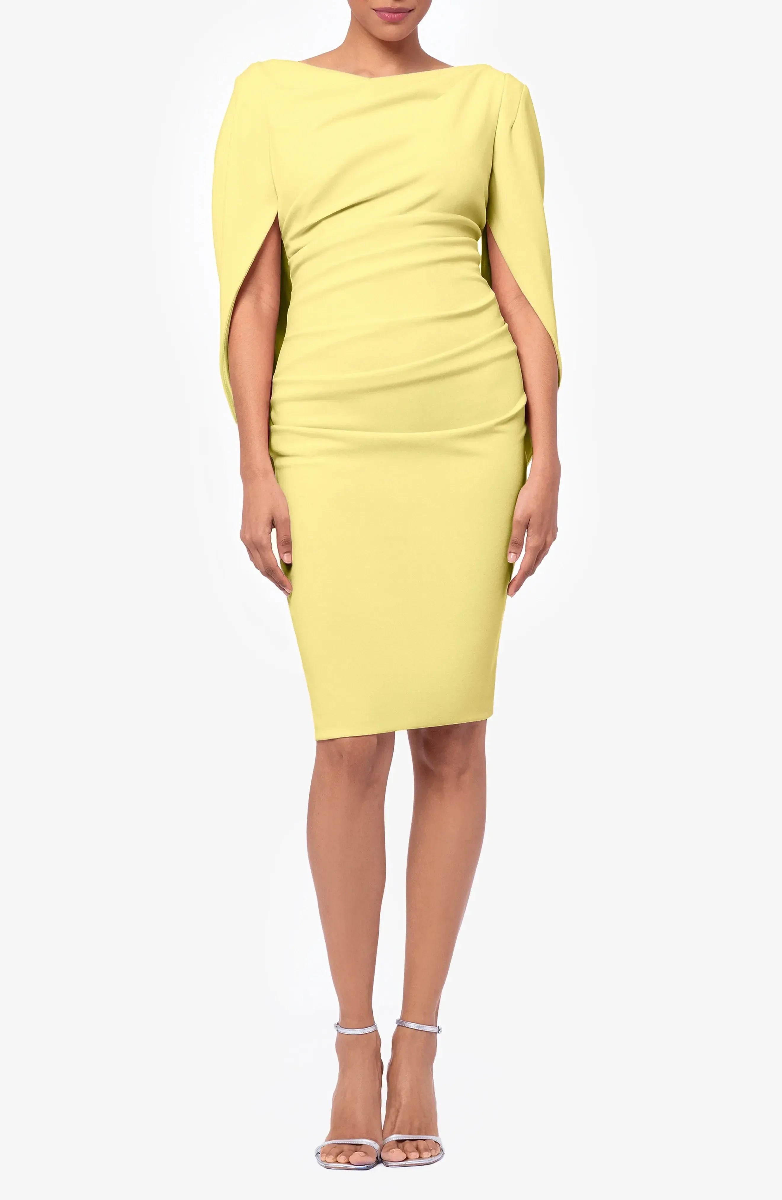 Radiant Sheath Boat Neck Cape Sleeve Zipper Back Knee Length Evening Dress