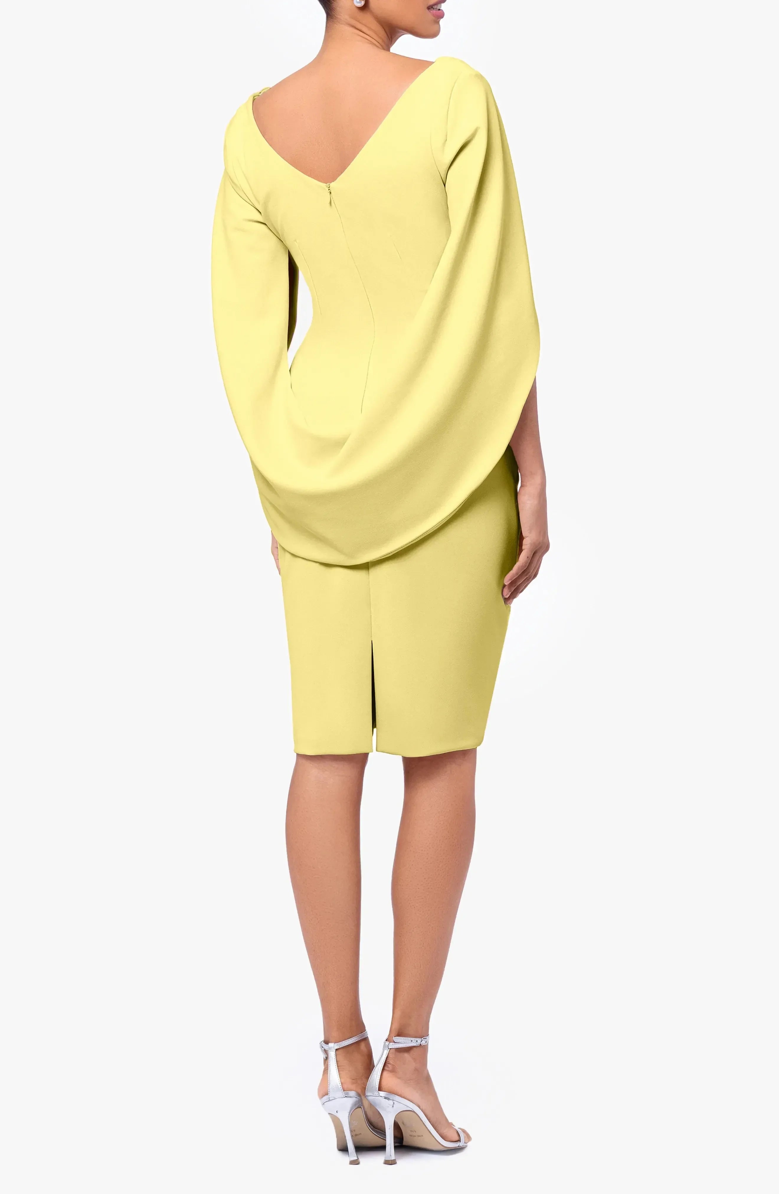 Radiant Sheath Boat Neck Cape Sleeve Zipper Back Knee Length Evening Dress