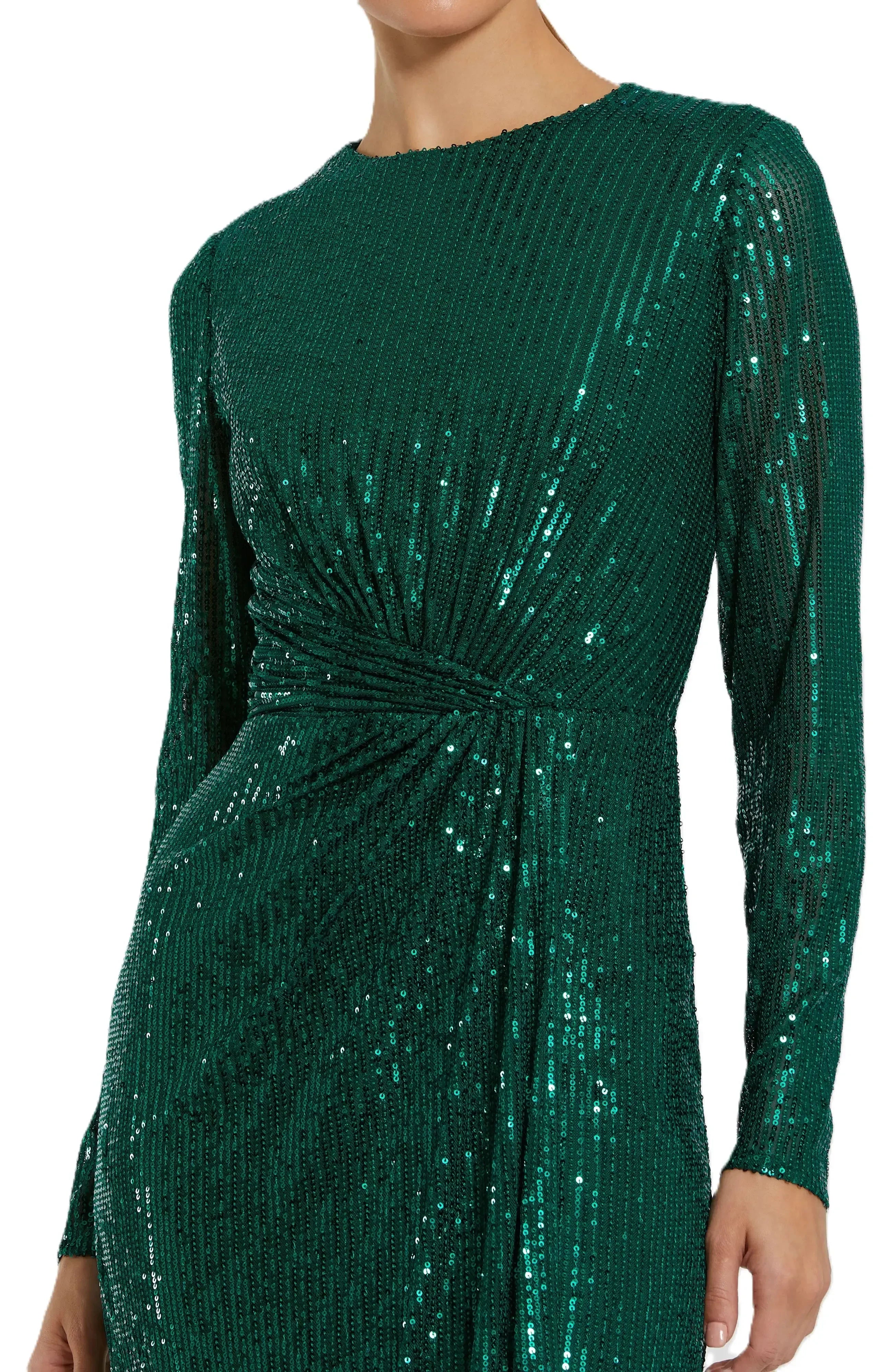 Radiant Sheath Crew Neck Long Sleeve Ruched Back Floor Length Evening Dress