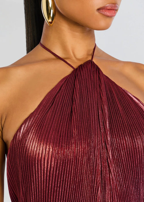 Robe de soirée longue sans manches à licou, dos ouvert et fourreau radieux, grande taille
