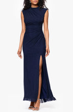 Radiant Sheath High Neck Cap Sleeve Solid Back Floor Length Evening Dress