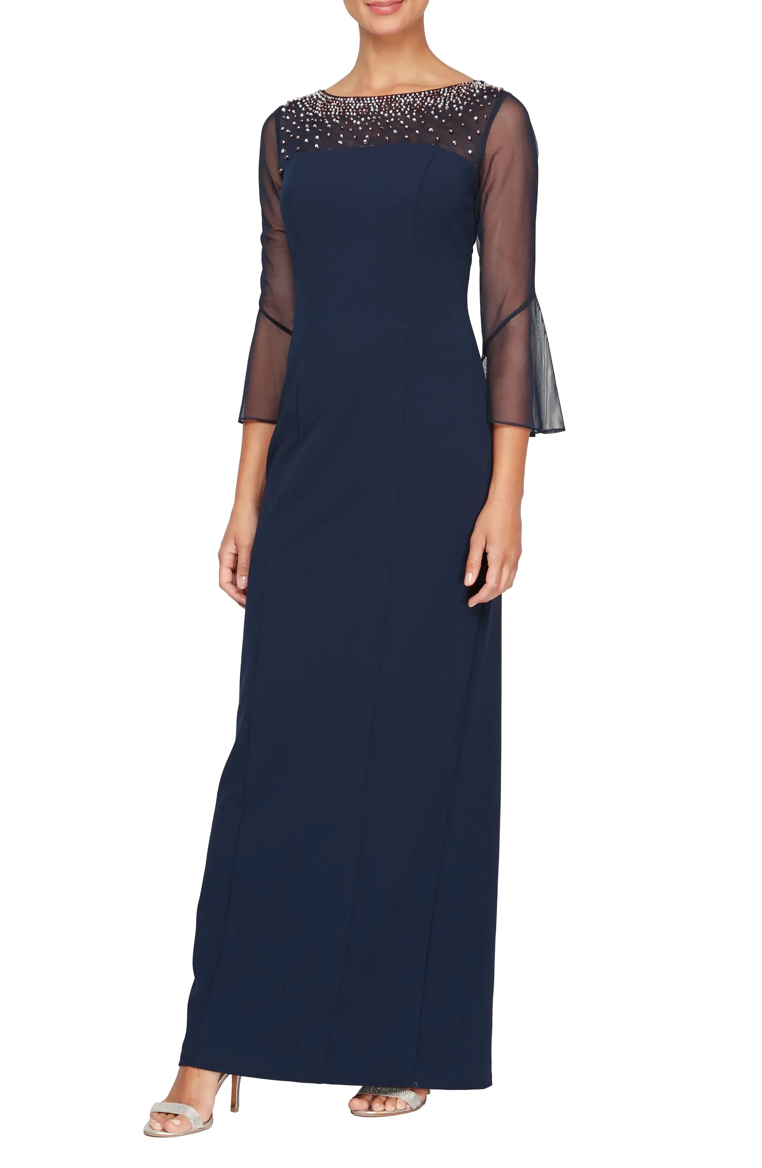 Radiant Sheath Jewel Neck Bell Sleeve Zipper Back Floor Length Evening Dress