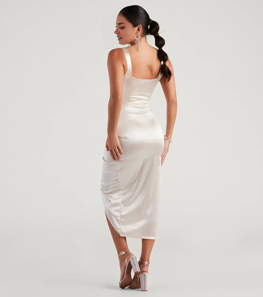 Radiant Sheath Square Neck Sleeveless Zipper Back Midi Length Prom Dress
