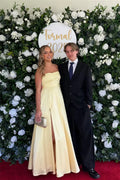 Pale Yellow Strapless Corset Lace-Up High-Slit Floor-Length Ball Gown