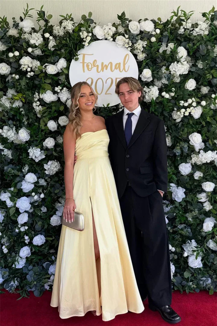 Pale Yellow Strapless Corset Lace-Up High-Slit Floor-Length Ball Gown