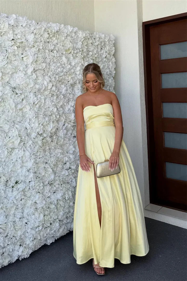 Pale Yellow Strapless Corset Lace-Up High-Slit Floor-Length Ball Gown