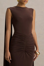 Ravishing Sheath High Neck Draped Sleeve Open Back Floor Length Evening Dress