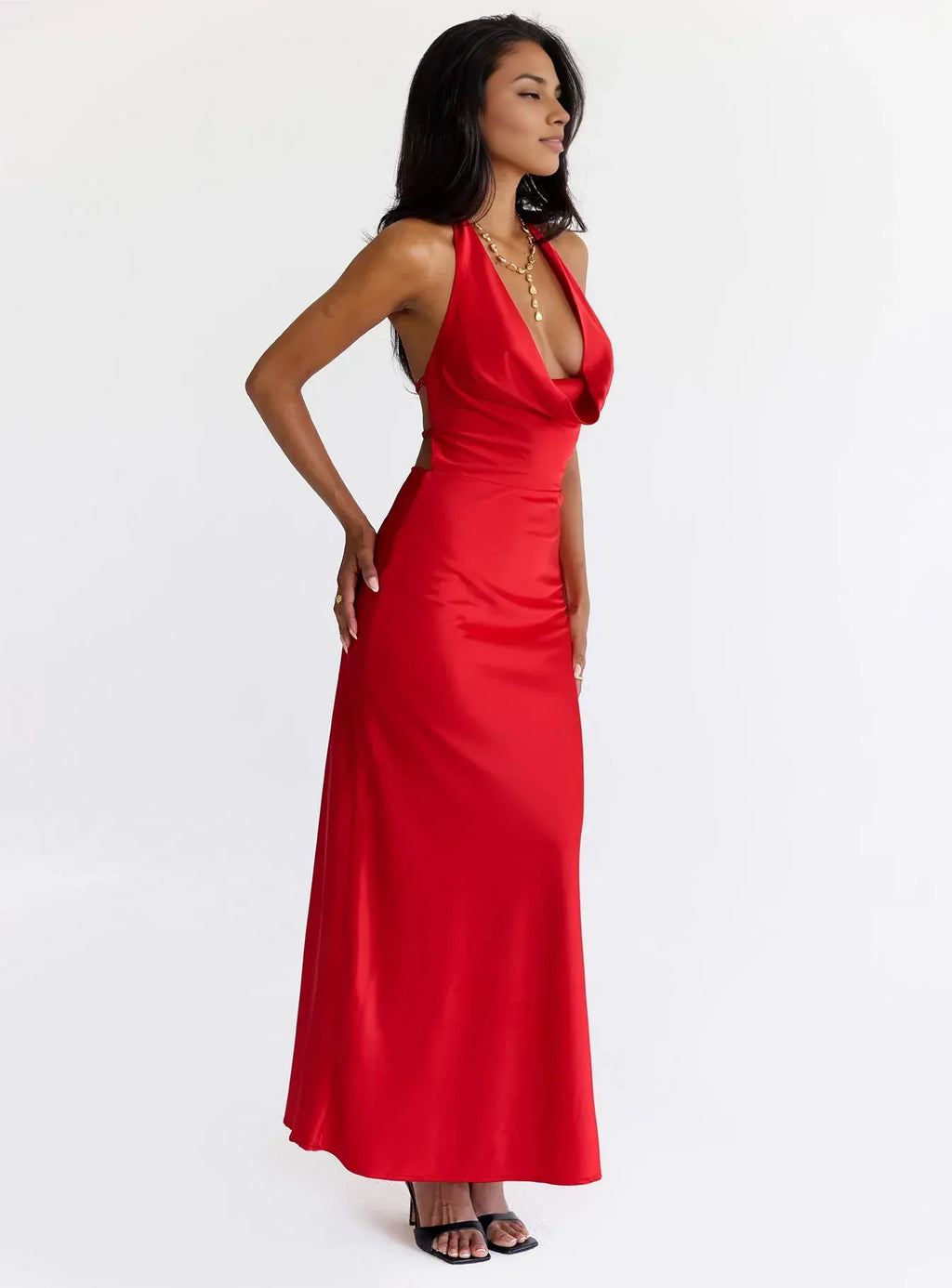 Red Halter Neck Backless Maxi Dress No Slit Prom Dresses