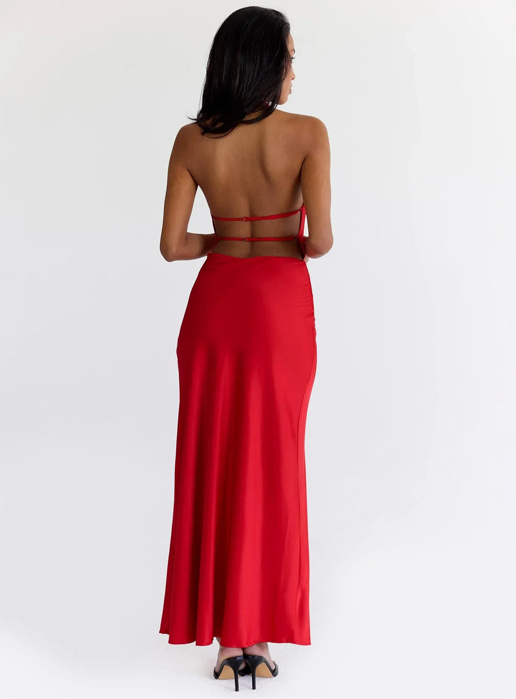 Red Halter Neck Backless Maxi Dress No Slit Prom Dresses
