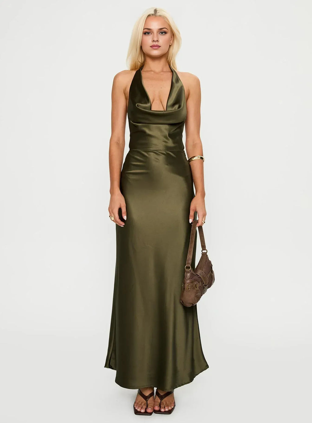 Red Halter Neck Backless Maxi Dress No Slit Prom Dresses