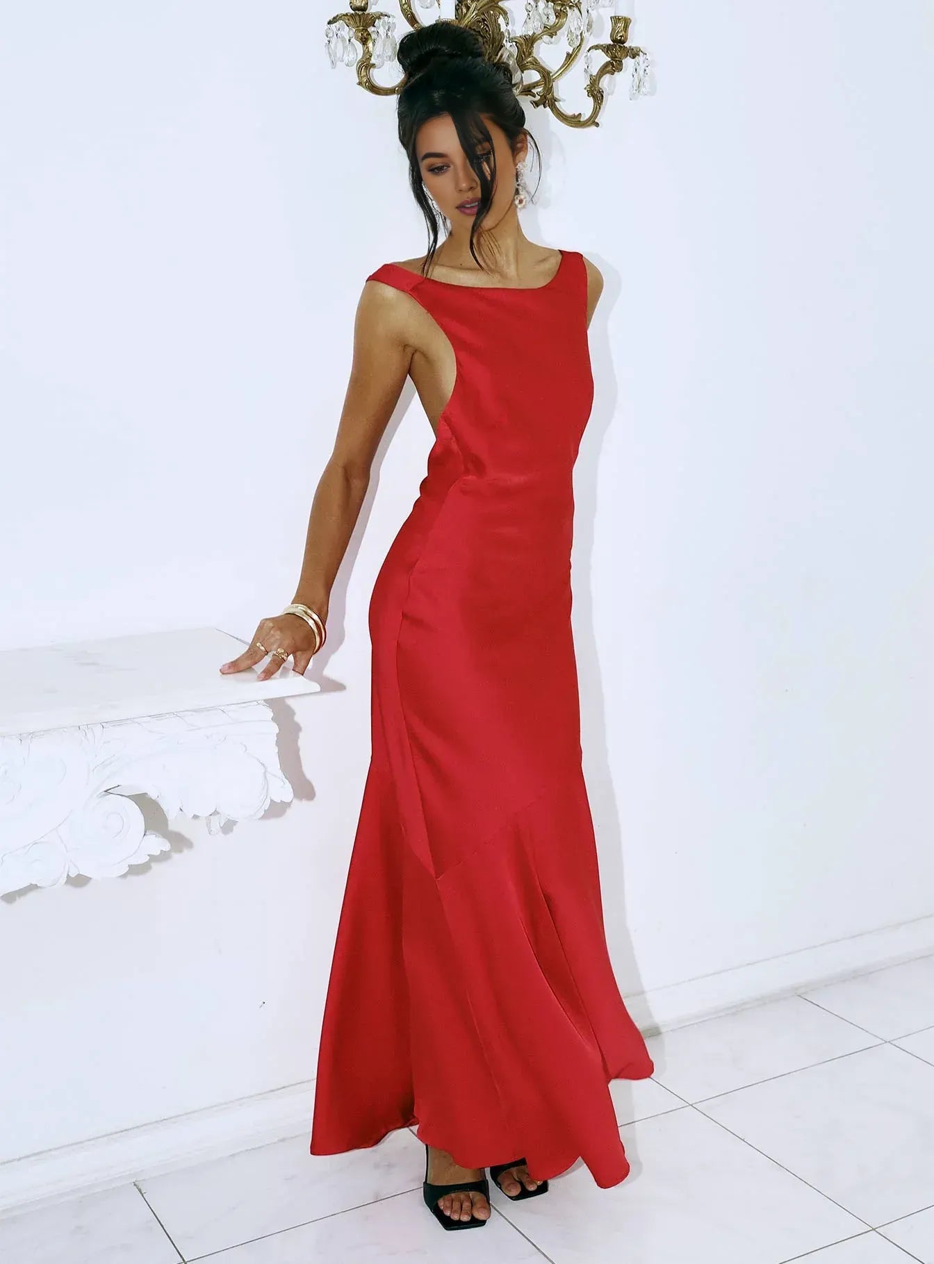 Red Open - Back Tie - Waist Maxi Dress Cheap Prom Dresses