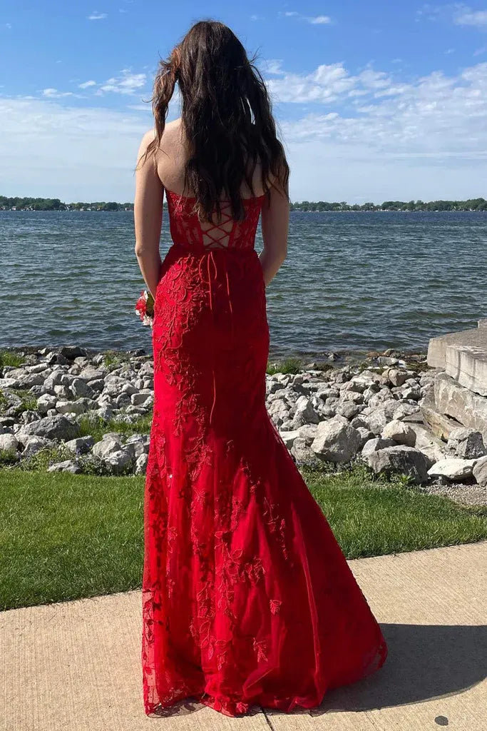 Red Strapless Sweetheart Corset Criss Cross Back Mermaid Prom Dress
