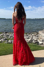 Red Strapless Sweetheart Corset Criss Cross Back Mermaid Prom Dress