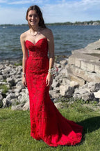 Red Strapless Sweetheart Corset Criss Cross Back Mermaid Prom Dress