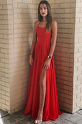 Red Chiffon A-Line Prom Dress Spaghetti-Strap Square-Neck High-Slit Crisscross Open-Back Floor-Length Gown