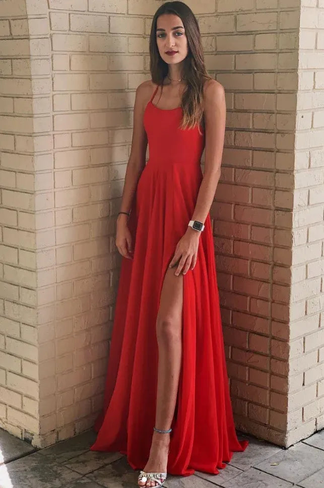 Red Chiffon A-Line Prom Dress Spaghetti-Strap Square-Neck High-Slit Crisscross Open-Back Floor-Length Gown