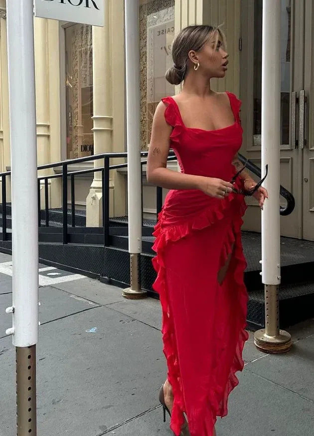 Red Chiffon Prom Dress Long Ruffle Party Dress Evening Dress