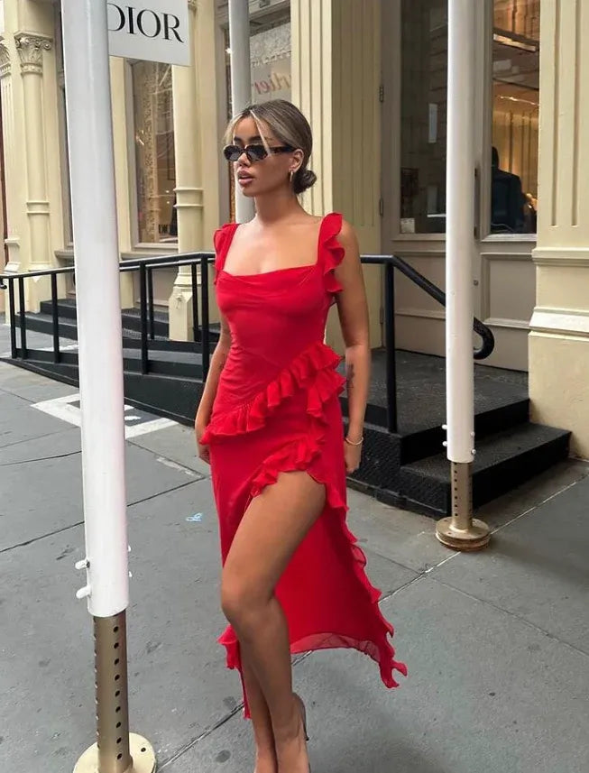 Red Chiffon Prom Dress Long Ruffle Party Dress Evening Dress
