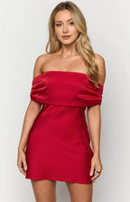 Red Off the Shoulder Mini Dress Graduation Dresses Backless Sleeveless Solid Color Sexy Knee Length Cocktail Dresses