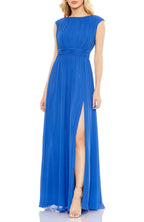 Refined A Line Boat Neck Cap Sleeve Zipper Back Floor Length Evening Dress