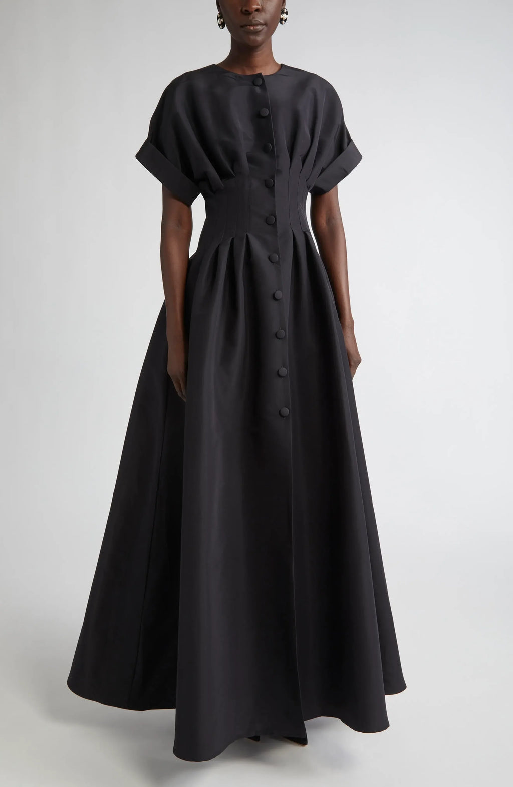 Refined A Line Crew Neck Short Sleeve Button Back Floor Length Evening Dress