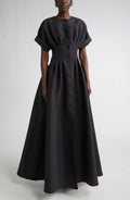 Refined A Line Crew Neck Short Sleeve Button Back Floor Length Evening Dress