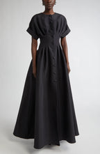 Refined A Line Crew Neck Short Sleeve Button Back Floor Length Evening Dress