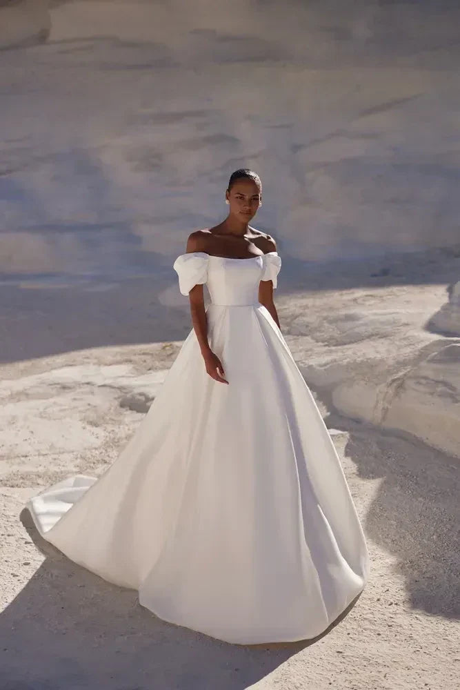 Refined Ball Gown Off Shoulder Puff Short Sleeve Open Back Long Length Wedding Dress