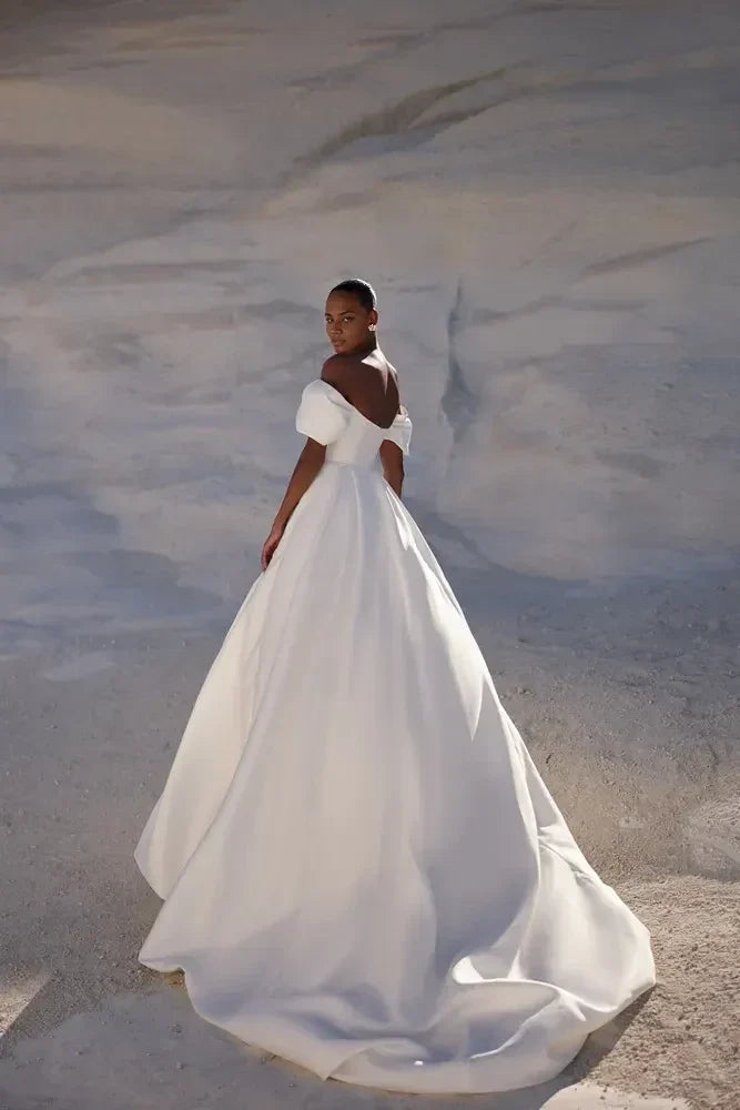 Refined Ball Gown Off Shoulder Puff Short Sleeve Open Back Long Length Wedding Dress