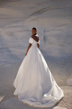 Refined Ball Gown Off Shoulder Puff Short Sleeve Open Back Long Length Wedding Dress