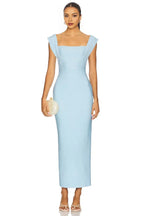 Refined Bodycon Square Neck Cap Sleeve Zipper Back Midi Evening Dress