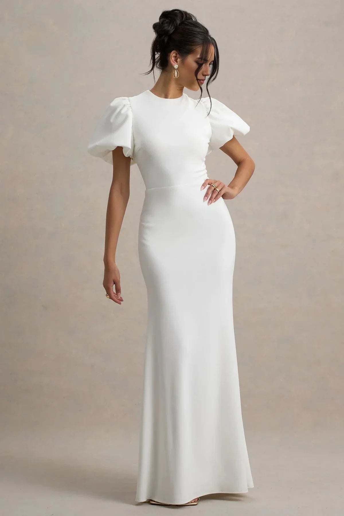 Refined Mermaid Crew Neck Puff Sleeve Keyhole Back Floor Length Evening Dress