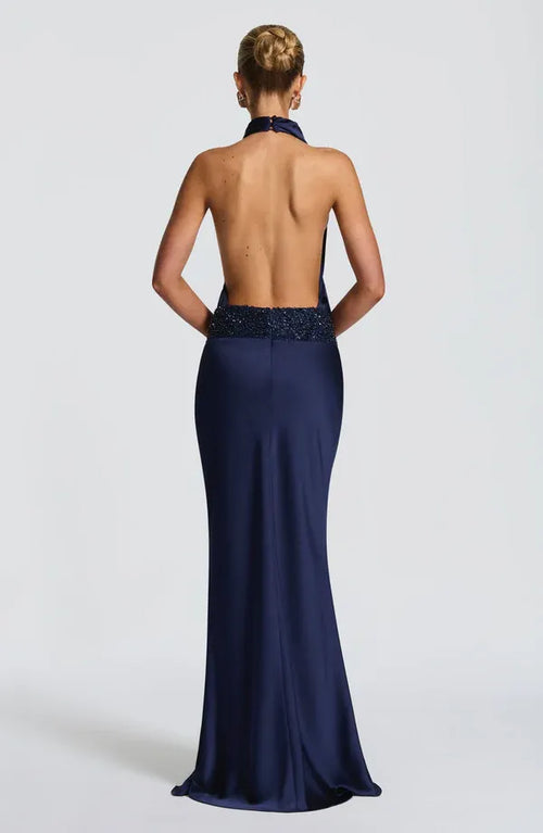 Robe de soirée sirène raffinée sans manches à col licou, dos nu, longueur ras du sol, à vendre