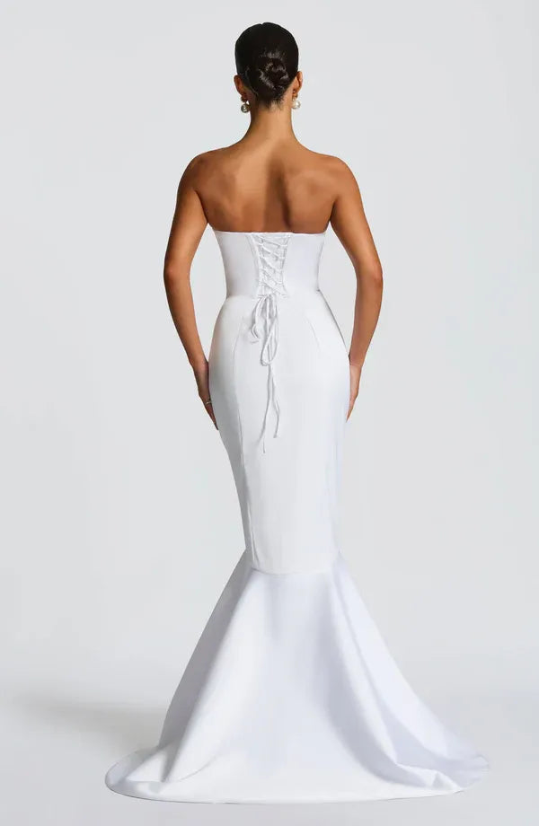 Refined Mermaid Strapless Sleeveless Lace Up Back Train Floor Length For Ladies Evening Dress