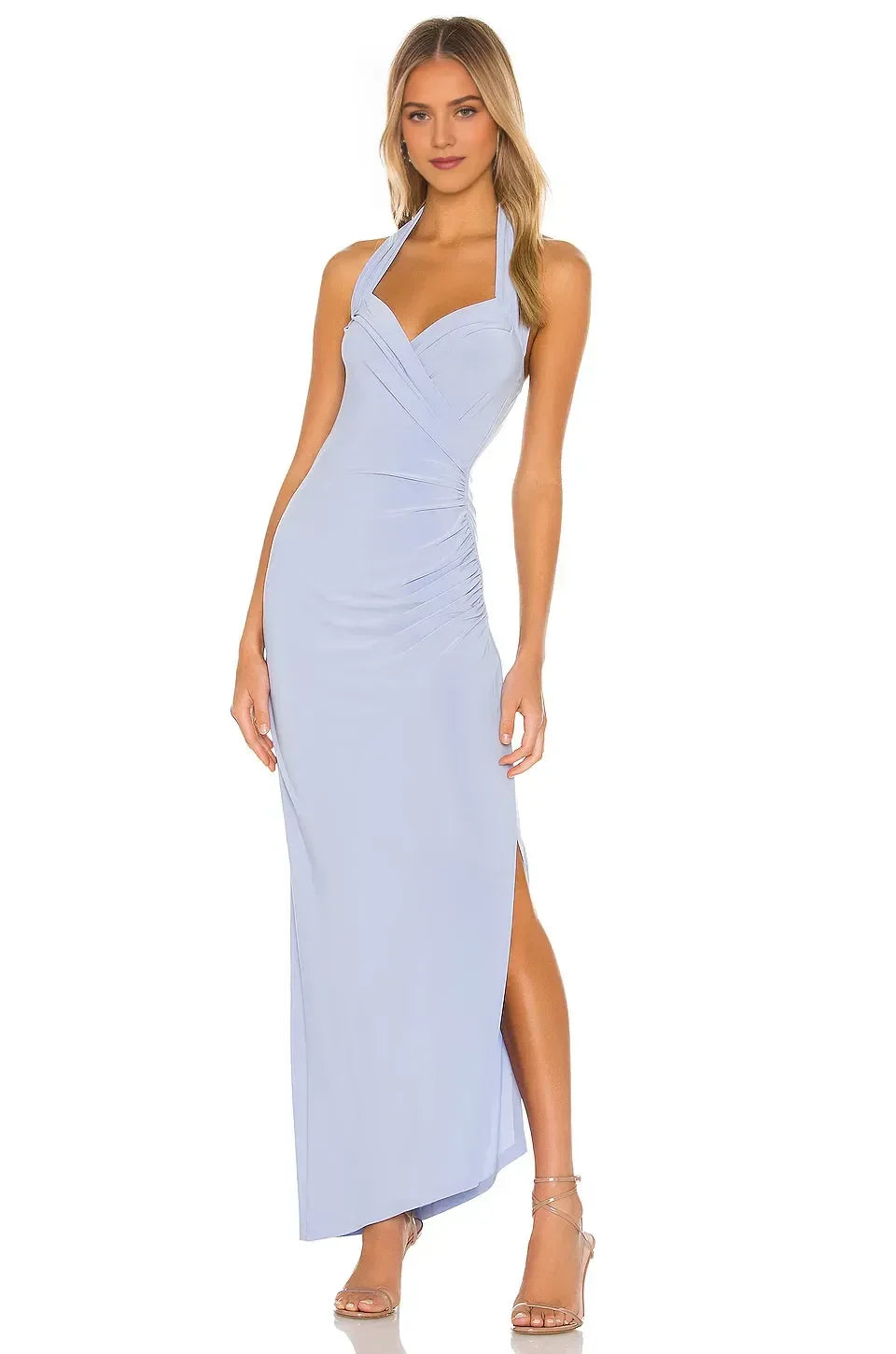 Refined Sheath Halter Neck Sleeveless Open Back High Slit Floor Length Evening Dress