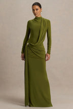 Refined Sheath High Neck Long Sleeve Ruched Back Floor Length Evening Dress