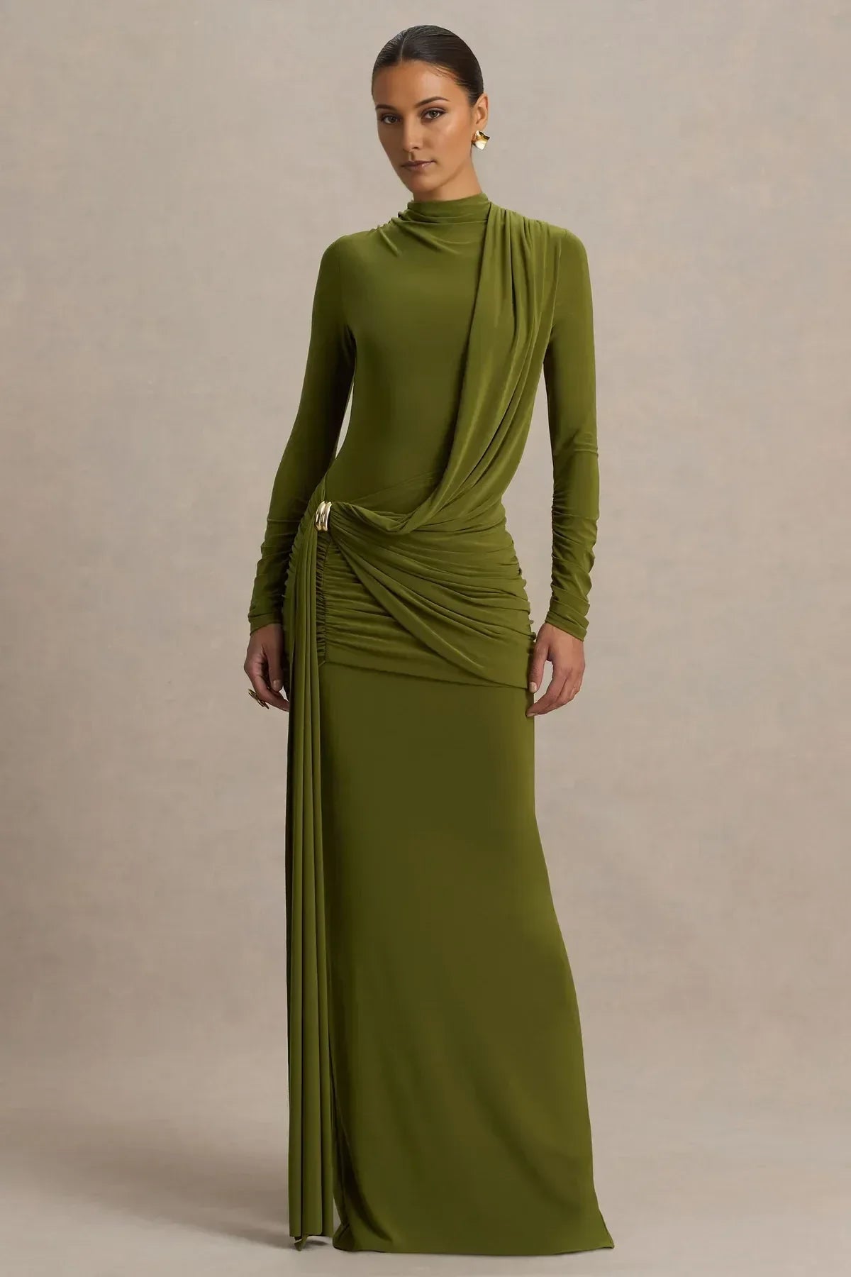 Refined Sheath High Neck Long Sleeve Ruched Back Floor Length Evening Dress