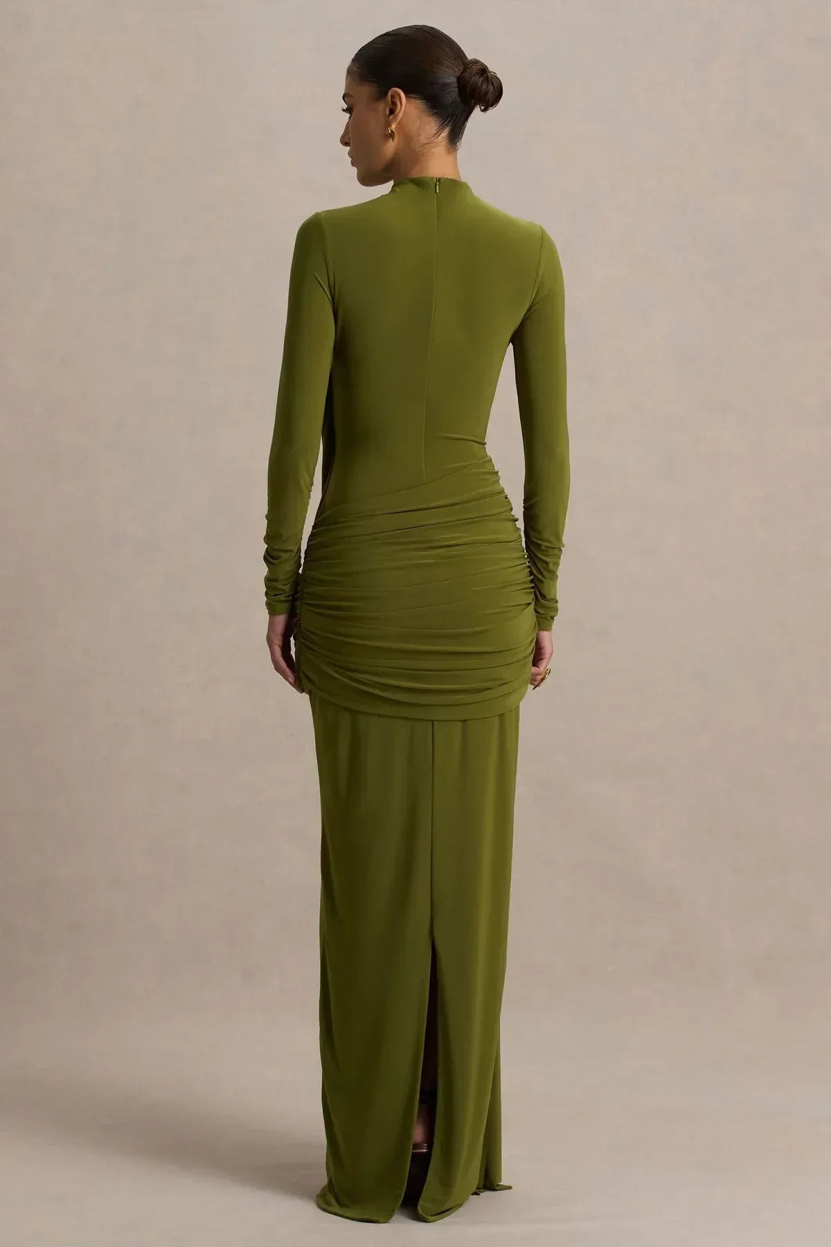 Refined Sheath High Neck Long Sleeve Ruched Back Floor Length Evening Dress