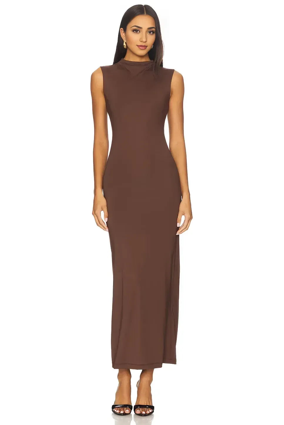Refined Sheath High Neck Sleeveless Back Slit Midi Evening Dress