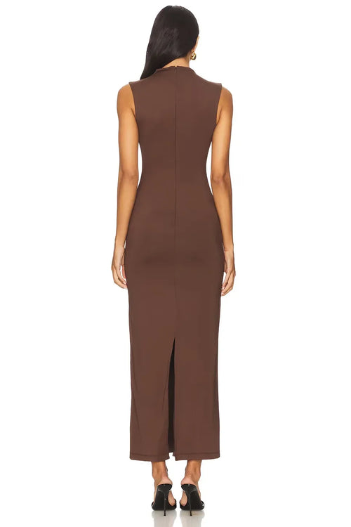Robe de Soirée Midi Fendue au Dos, Sans Manches, Col Haut et Coupe Ajustée