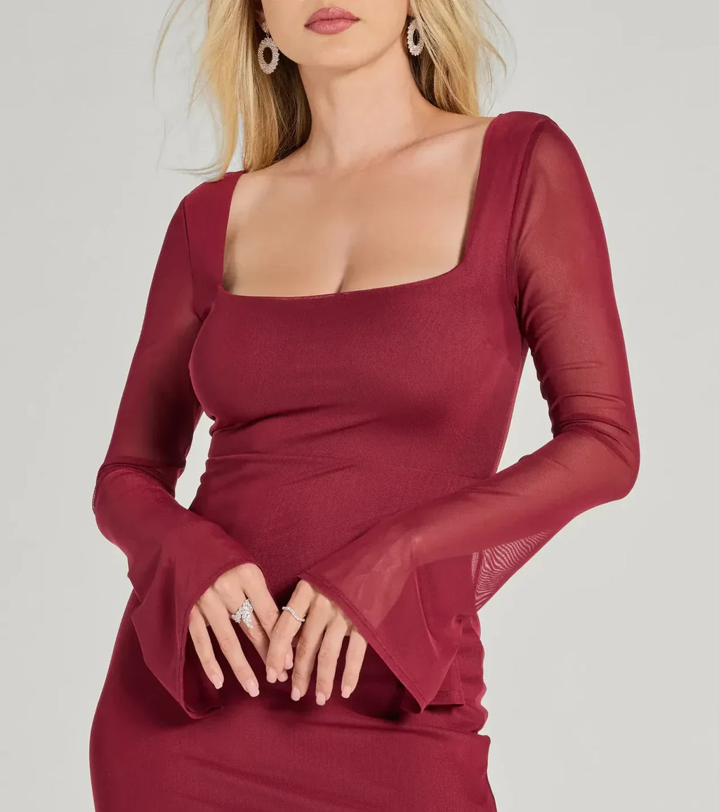 Refined Sheath Square Neck Long Sleeve Zipper Back Floor Length Prom Dress