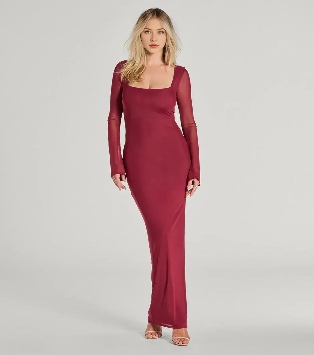 Refined Sheath Square Neck Long Sleeve Zipper Back Floor Length Prom Dress