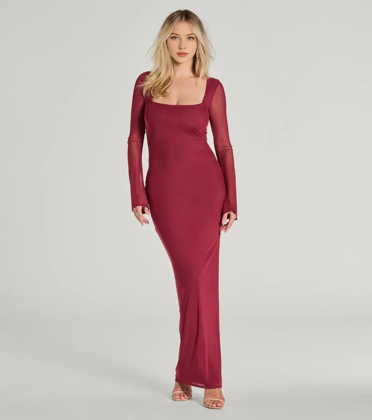 Refined Sheath Square Neck Long Sleeve Zipper Back Floor Length Prom Dress