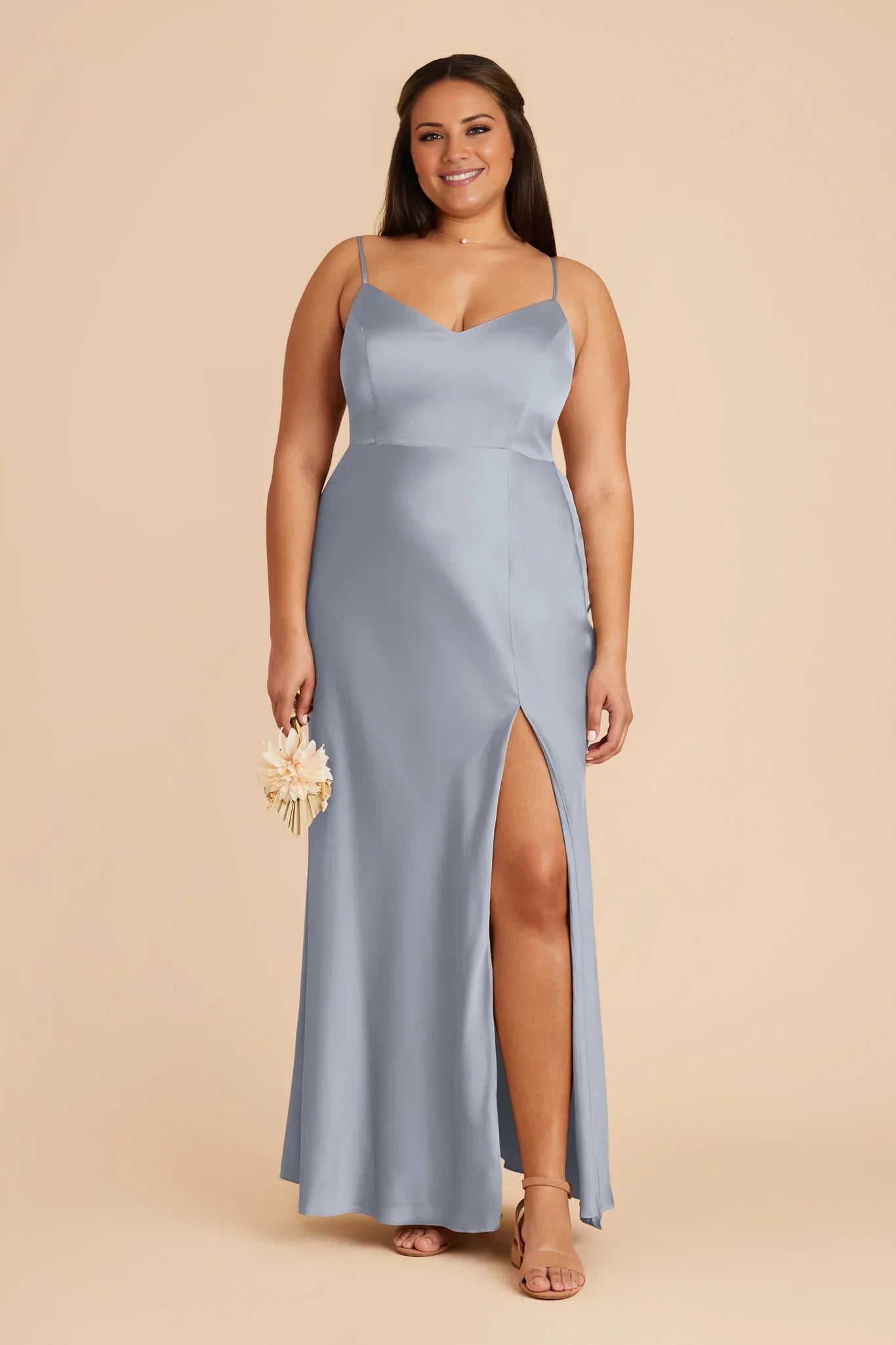 Refined Dusty Blue Satin Deep V-Neck Spaghetti-Strap Maxi Bridesmaid Dress with High Side Slit
