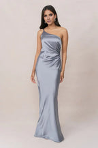 Refined Dusty Blue Satin One-Shoulder Ruched-Bodice Floor-Length Bridesmaid Gown
