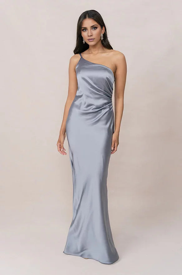 Refined Dusty Blue Satin One-Shoulder Ruched-Bodice Floor-Length Bridesmaid Gown
